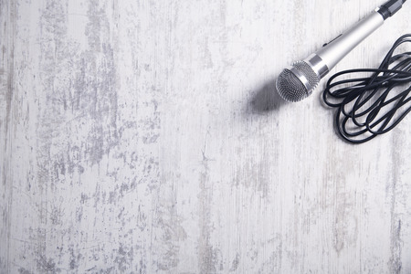 Microphone on a white desk. Top Viewの写真素材