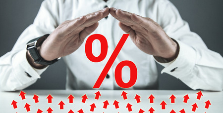 Man protect percent symbol. Business concept