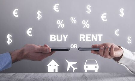 Buy Or Rent concept. Real estate, Car rent, Airplaneの写真素材