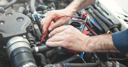Mechanic with a multimeter testing car engine. Car service 