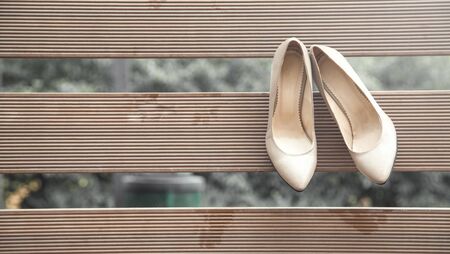 Elegant cream leather wedding shoes.の写真素材