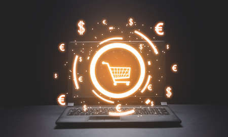 Shopping cart and currency symbols. Online Shopping