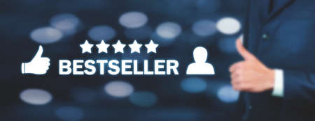 Bestseller word with thumb up and human sign.