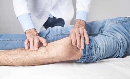 Doctor treat the knee to the patient.