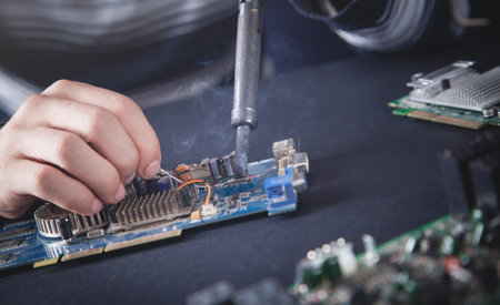 computer hardware engineering. Engineer soldering computer motherboard