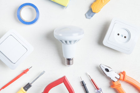 Working tools, lightbulbs and components. electrical objects