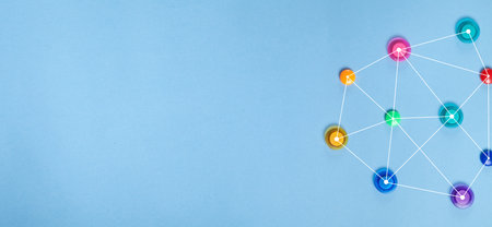 Colorful buttons. Network on the blue background.