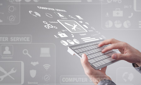 Male hand typing in computer keyboard. Computer Service
