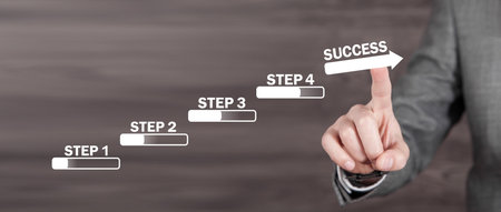 stairs. Male hand touch success arrow