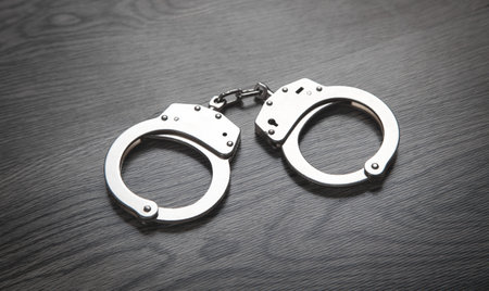 Metal handcuffs on the dark background.