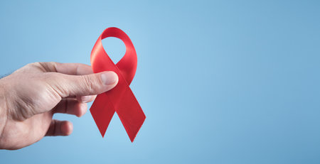 Male hand with red ribbon.