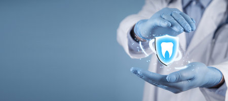 Caucasian dentist protect shield and tooth. Tooth protectionの写真素材