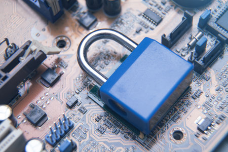 Padlock on computer circuit board. security conceptの写真素材