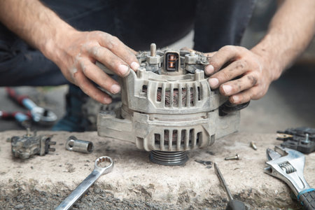 Man repair car alternator. service center