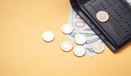 Wallet, coins and dollar banknotes on the yellow background.