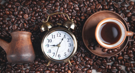 Clay coffee cup and alarm clock. coffee time
