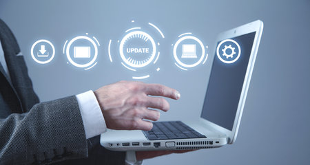man holding laptop computer. update program. Business, Technology, Internet concept
