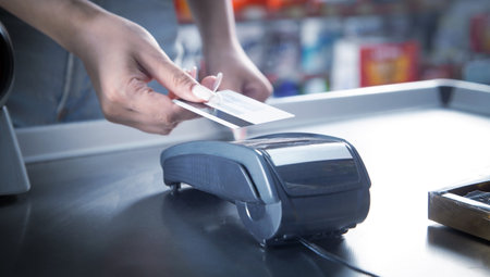 Customer making payment using credit card in a supermarket.の写真素材