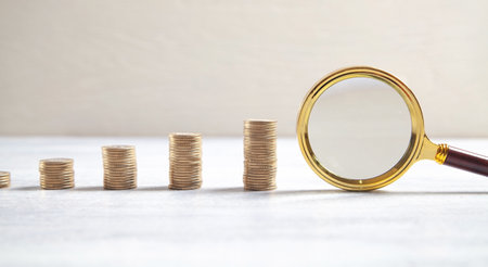 Magnifying glass and coins on the white desk.