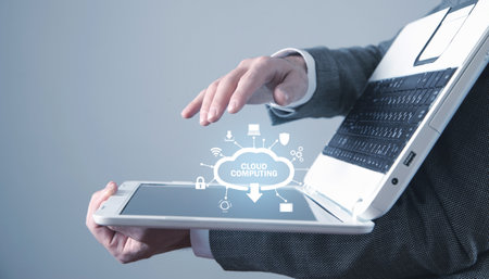 Man with laptop computer. Cloud Computing