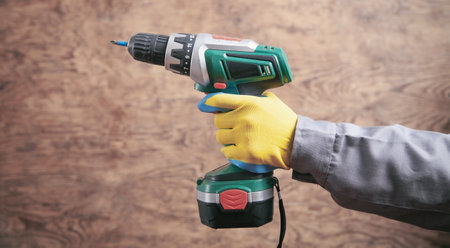 Worker holding cordless screwdriver. construction tool
