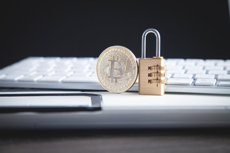 Bitcoin and padlock on the white computer keyboard.