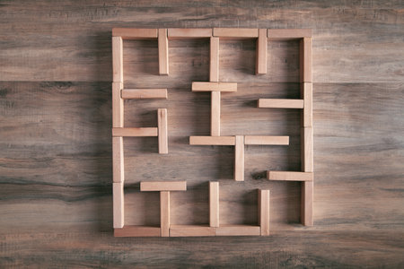 Labyrinth made in wooden blocks.の写真素材
