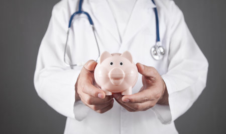 Doctor with stethoscope holding piggy bank.の写真素材