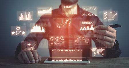 Man working in financial growth graphs. Investing. Analysis