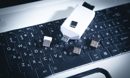 Flash drive and memory cards on the computer keyboard.の写真素材