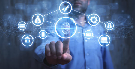 Male hand touching fingerprint. internet banking. Access securityの写真素材