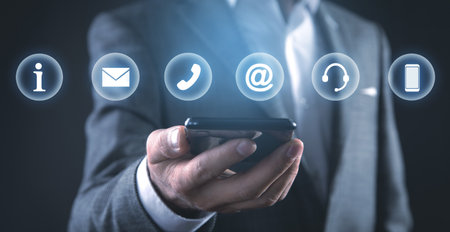 Man showing contact symbols. social media. Internet