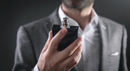 Caucasian elegant man holding perfume.の写真素材