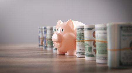 Piggy bank and money on the desk. Saving. businessの写真素材