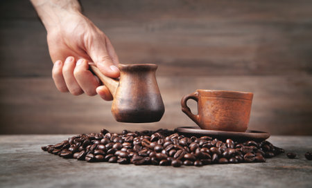 Male hand holding coffee pot.の写真素材