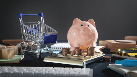 Piggy bank, coins, calculator, shopping cart on the table.の写真素材
