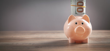 Piggy bank and money on the desk. Saving. businessの写真素材