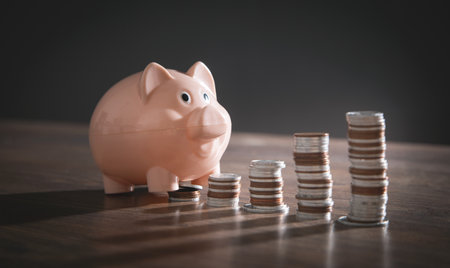 Stack of coins and piggy bank on the table.