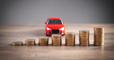 Red toy car and coins on the desk.の写真素材