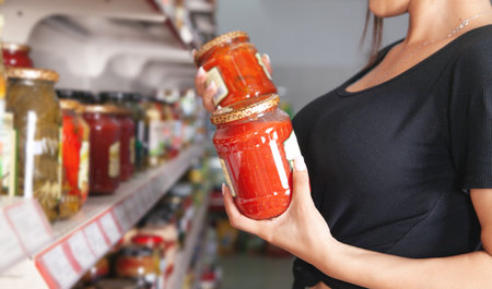 Woman chooses tomato paste at supermarket.の写真素材