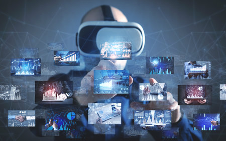 Man with a vr goggles touching a digital pictures of business graphs.