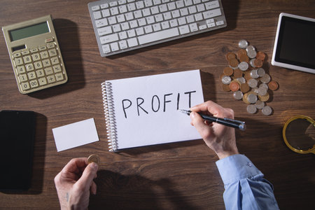 Man writes text Profit in notepad.