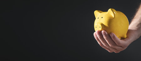 Male hand holding piggy bank. business. investmentの写真素材
