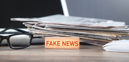 Fake News on wooden block with a newspapers and eyeglasses.