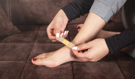 Young woman putting adhesive bandage in her leg.