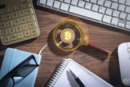 Bitcoin, calculator and other objects on the wooden table.の写真素材