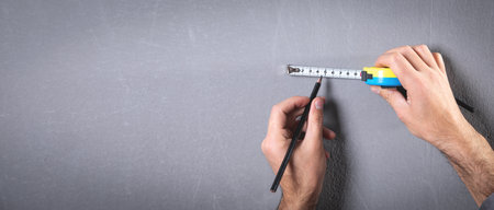 Measuring tape and pencil marking with a wall.の写真素材
