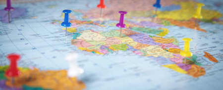 Colorful push pins on world map.