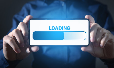 Man showing Loading bar on smartphone screen.