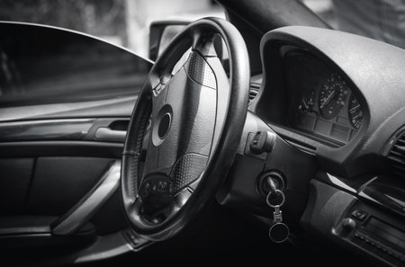 interior view of car. luxury car steering wheel